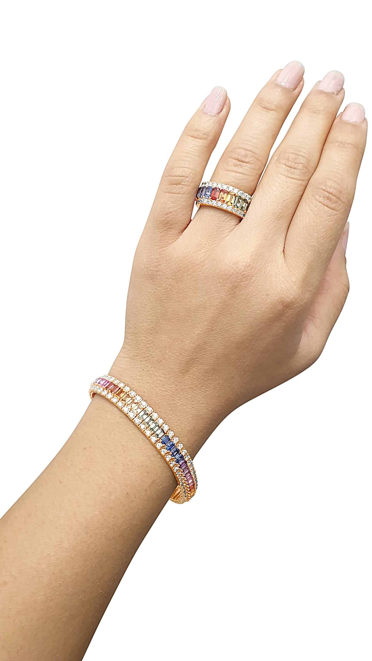 18k Diamond Multicoloured Sapphire Bracelet And Ring Set 41.37g