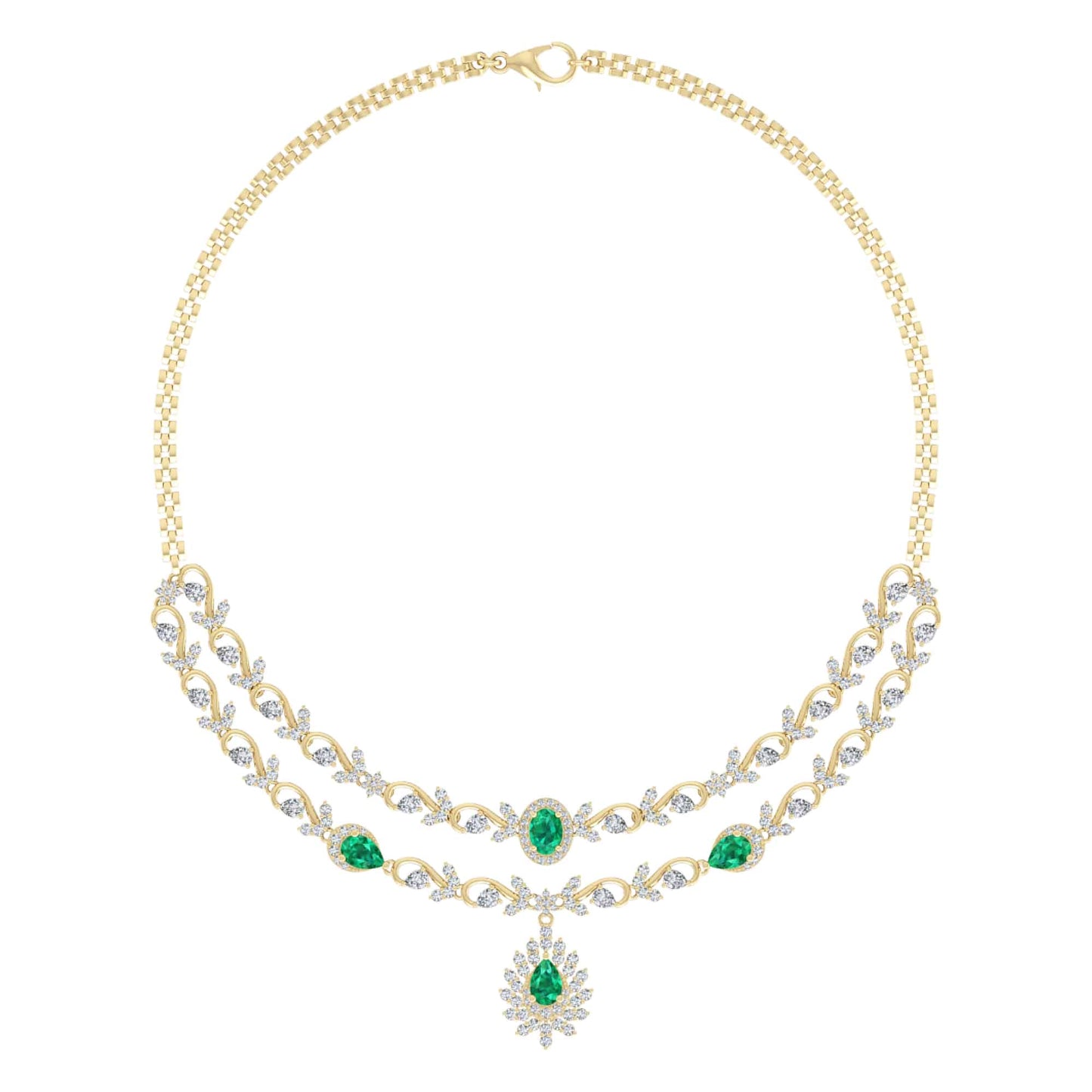 18k Diamond And Emerald Double Layered Necklace 44.93g