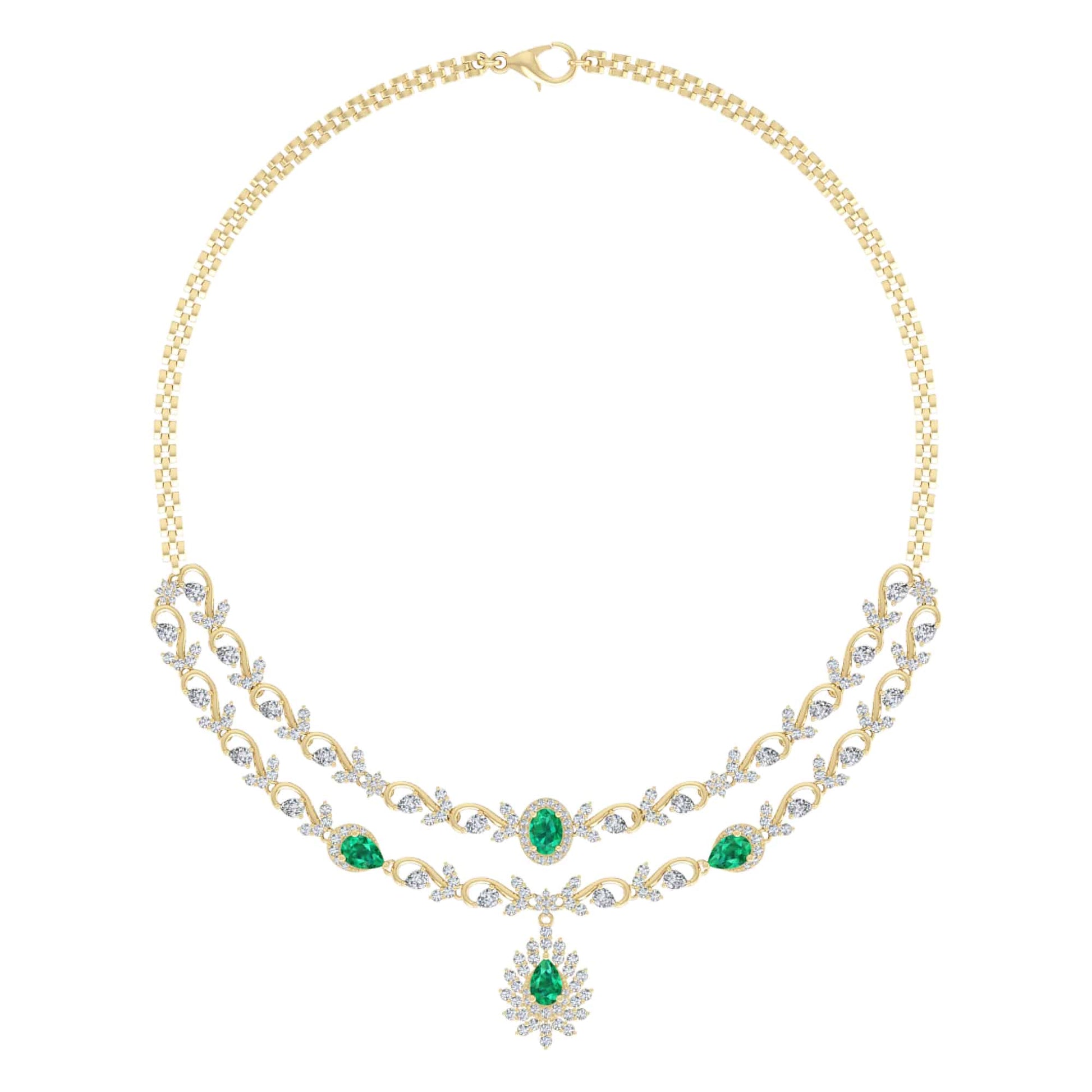 18k Diamond And Emerald Double Layered Necklace 44.93g