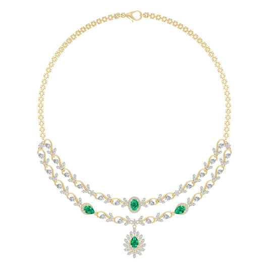 18k Diamond And Emerald Double Layered Necklace 44.93g