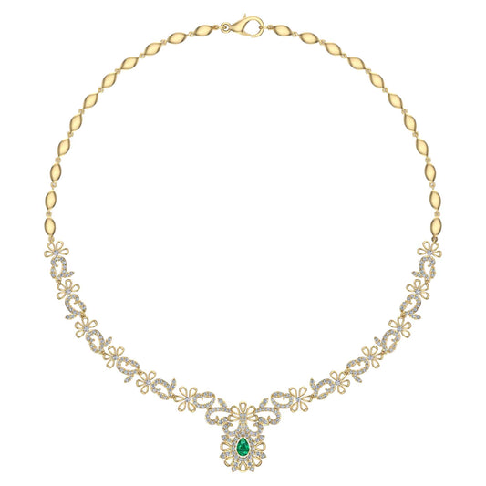 18k Diamond And Emerald Fancy Necklace 22.68g