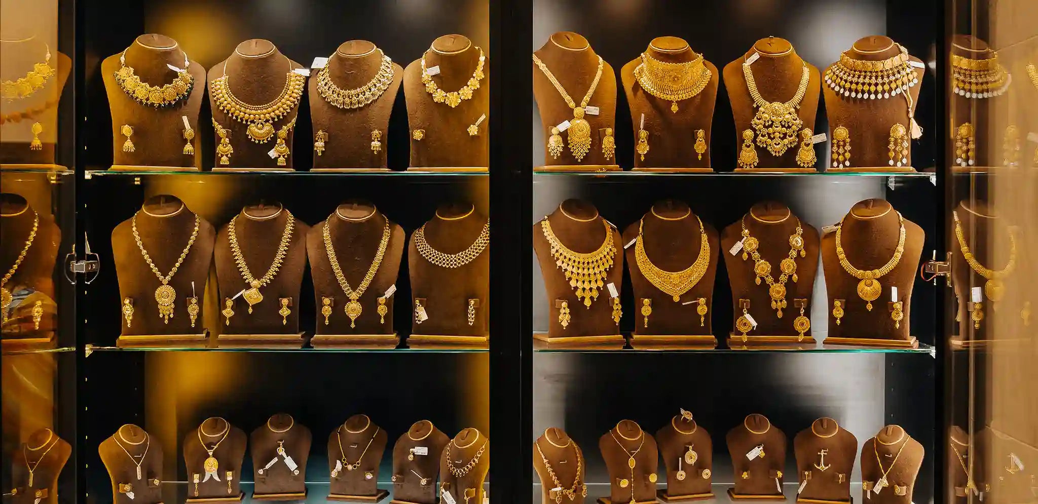 Gold necklace sets displayed at OM Gold & Diamonds Perth, trusted source of Indian jewellery in Australia