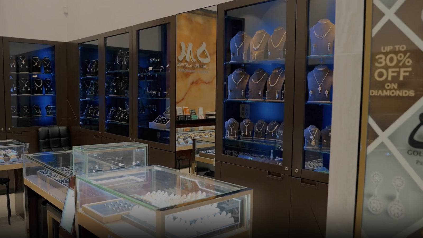 Display cabinets and tables of luxury gold jewellery custom made by OM Jewellers Perth
