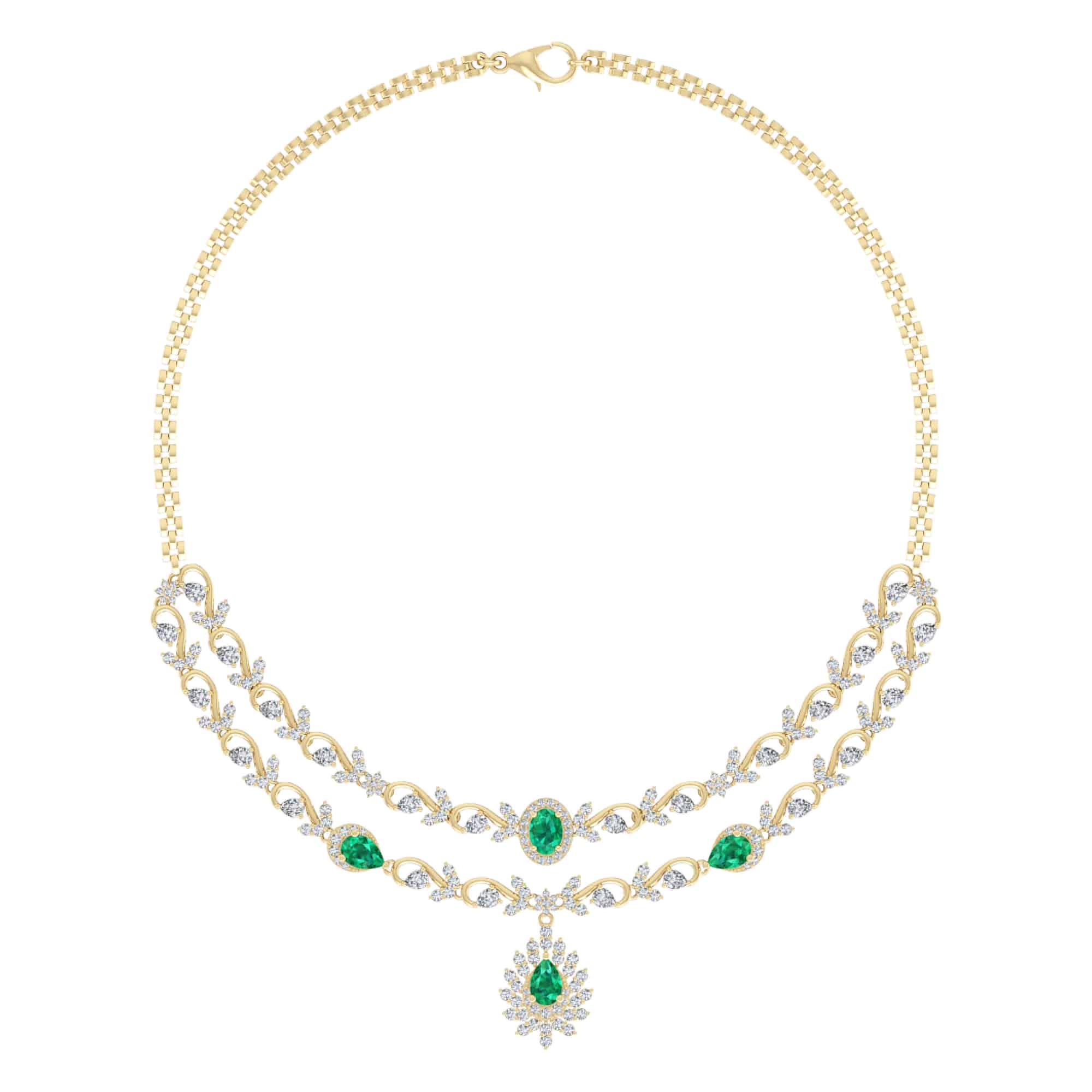 18k Diamond And Emerald Double Layered Necklace 44.93g | OM Jewellers