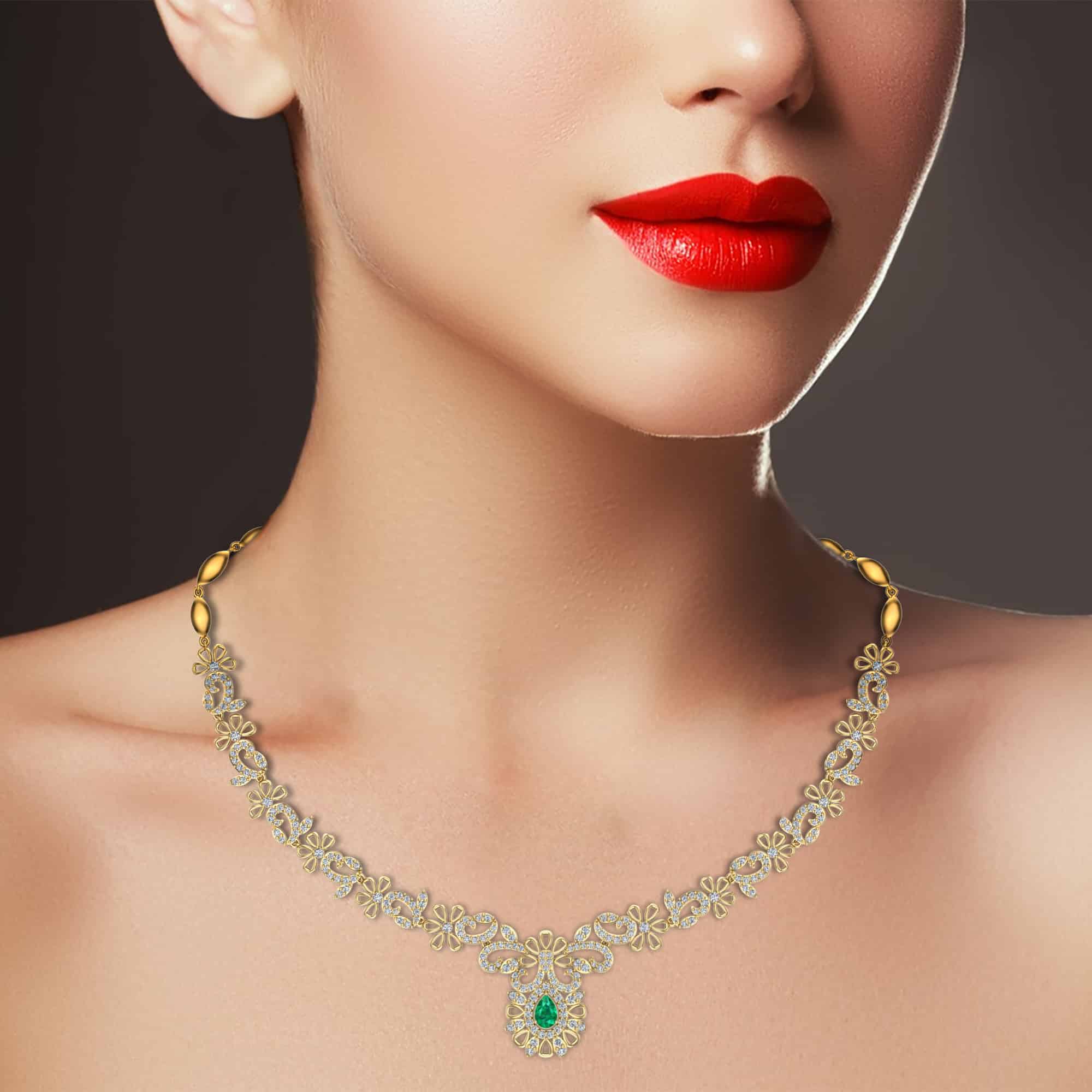 18k Diamond And Emerald Fancy Necklace 22.68g OM Jewellers