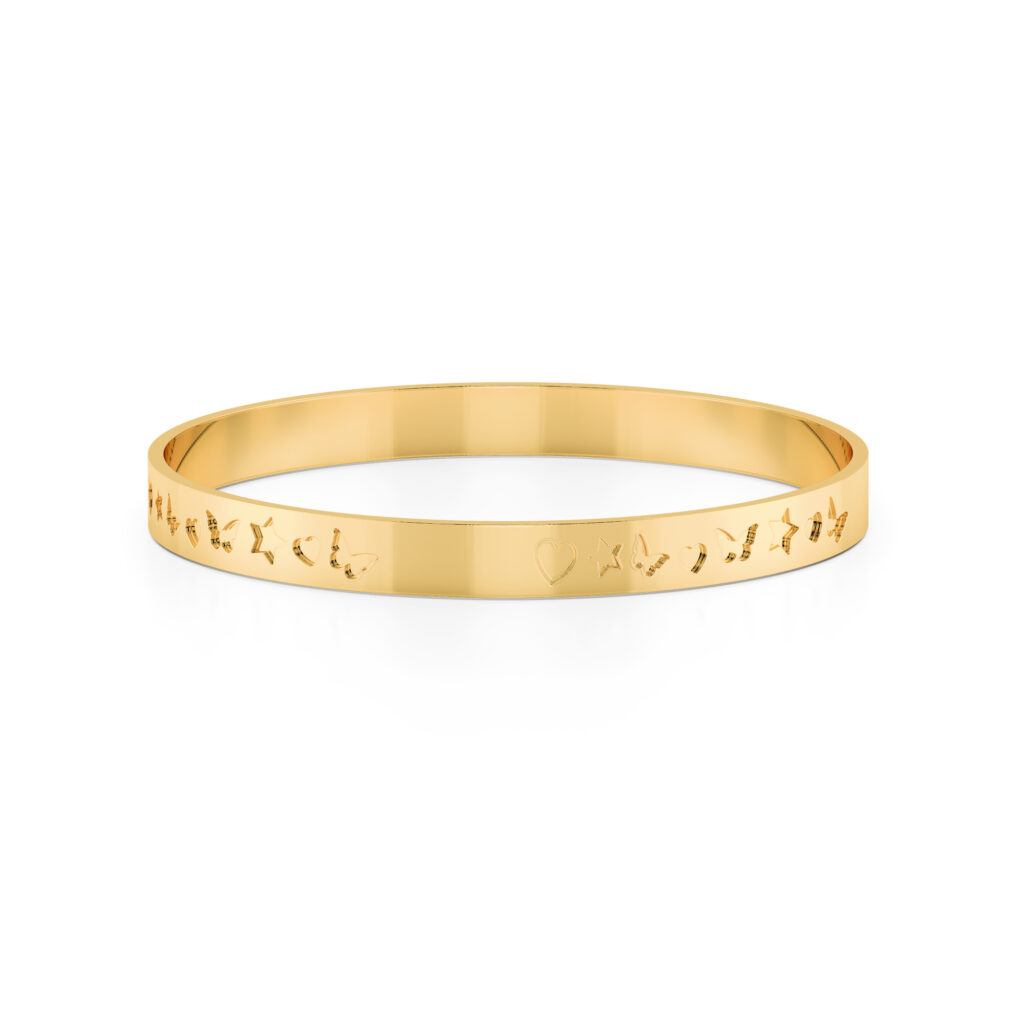 Butterfly heart star pattern yellow gold bangle
